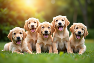 Jeunes chiots golden retriever dans un jardin ensoleille