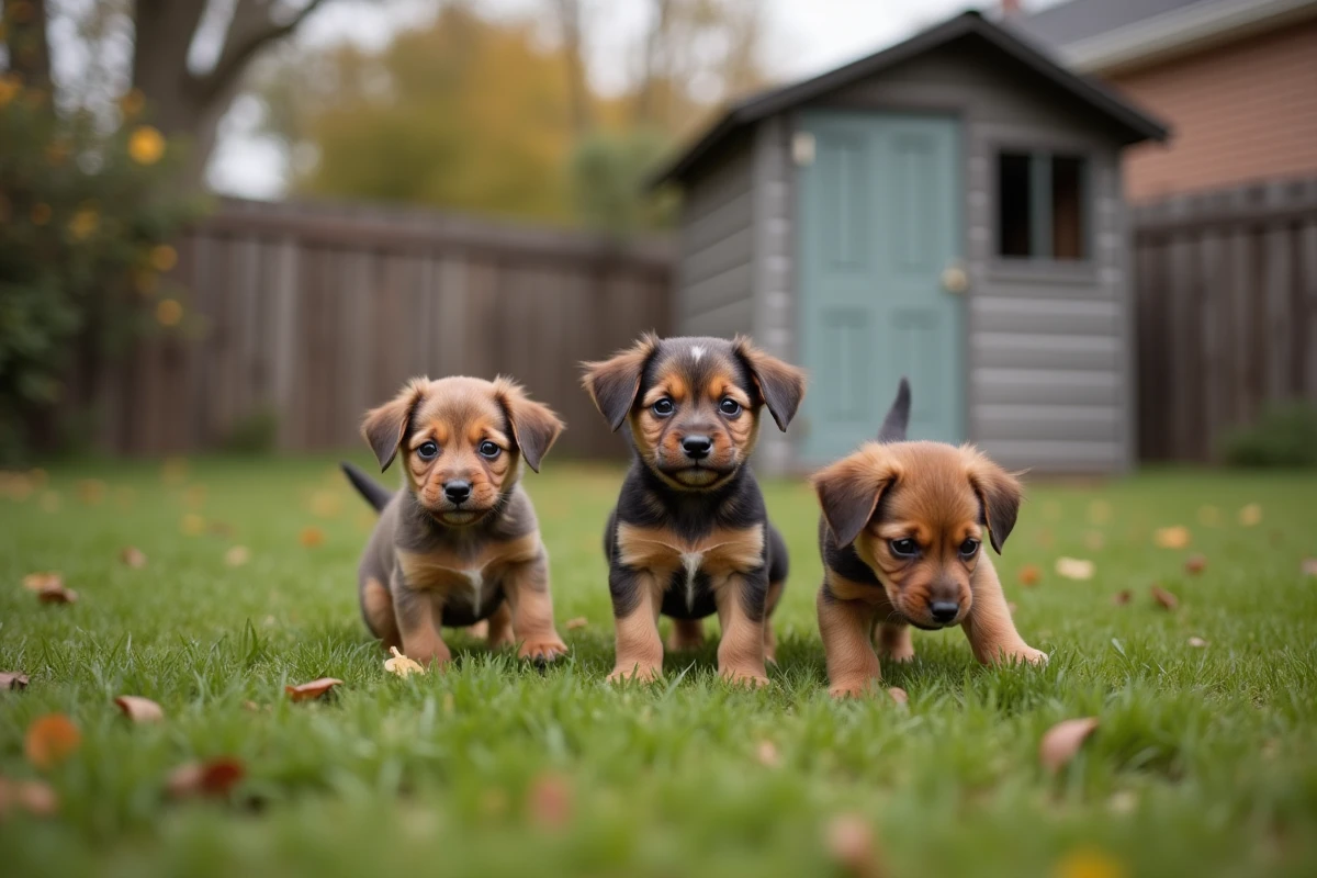 Trois teckel nain jouent dans un jardin en automne