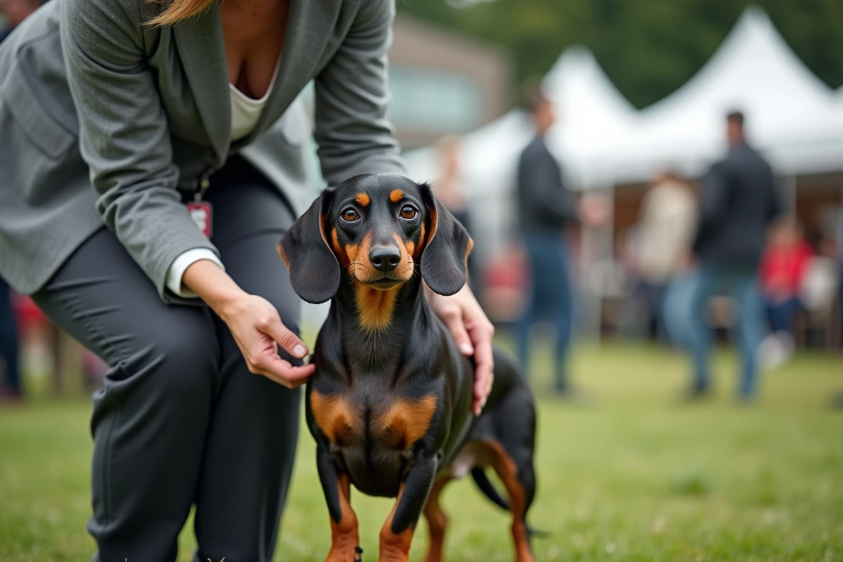 Juge canine examinant un teckel à poil dur lors d'un ring de concours extérieur selon le standard de race
