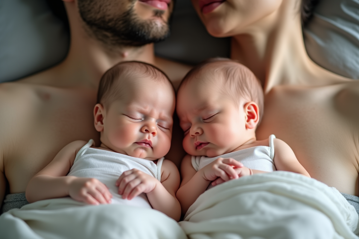 Jumeaux conjoins reposant sur la poitrine des parents en gros plan