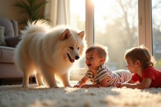 Keeshond jouant avec des enfants dans un salon lumineux