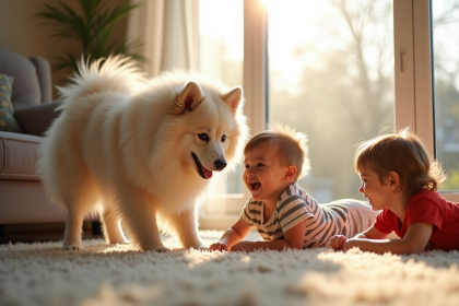 Keeshond jouant avec des enfants dans un salon lumineux