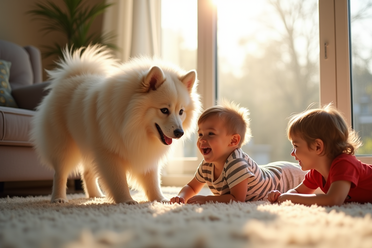 Keeshond jouant avec des enfants dans un salon lumineux