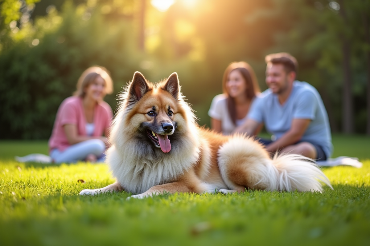 Keeshond reposant dans un jardin avec une famille en pique-nique