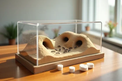 Kit fourmilière transparent avec fourmis vivantes et galeries creusées dans substrat sableux sur bureau en bois