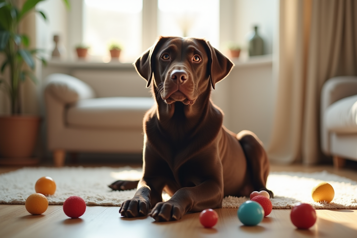 Labrador chocolat assis dans le salon avec jouets colorés