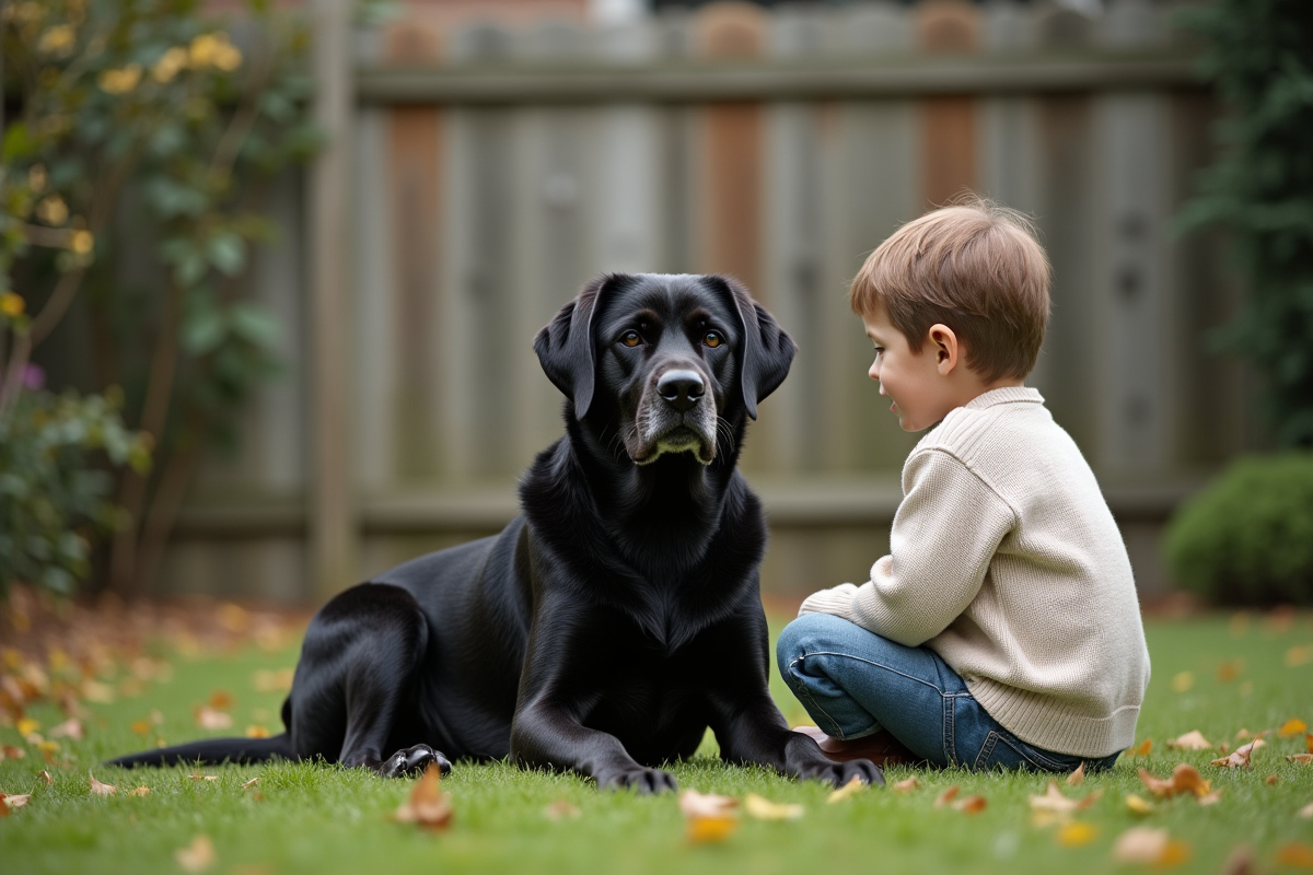 Labrador noir et garçon dans le jardin en automne
