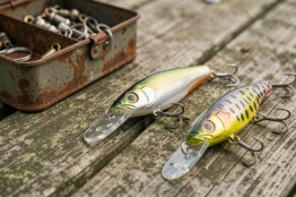 Leurres durs pour la pêche au brochet posés sur un ponton en bois, hameçons triples et détails réalistes visibles