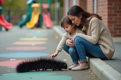 Maman et enfant observant un chenille noire dans la cour