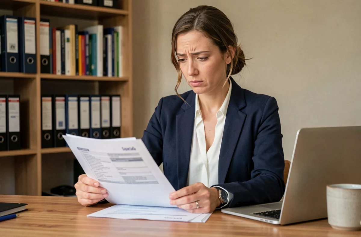 Micro-entrepreneuse consultant des documents de RC professionnelle à son bureau à domicile