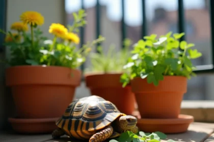 Tortue de Hermann broutant du trèfle dans un mini potager en pots sur balcon ensoleillé