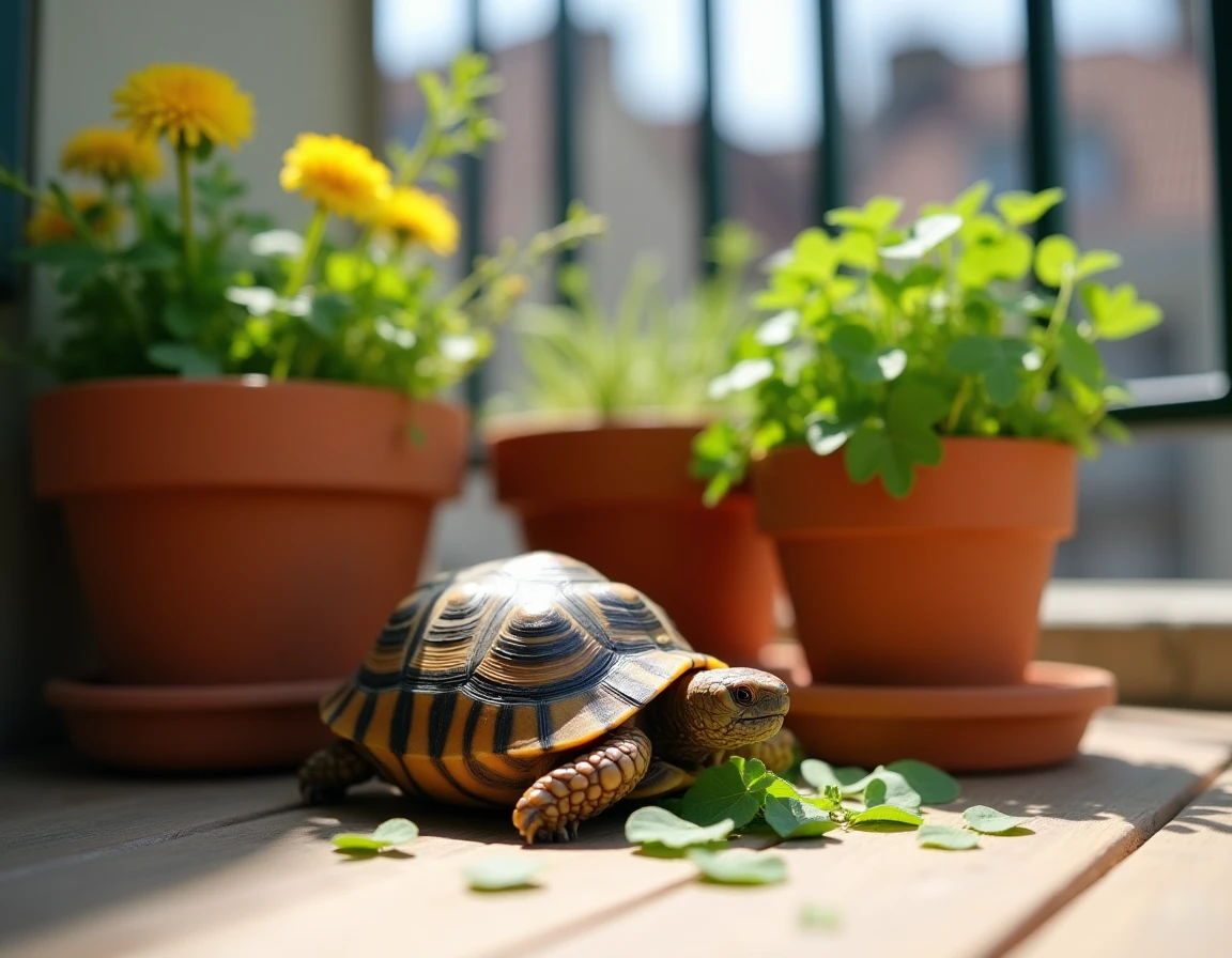 Tortue de Hermann broutant du trèfle dans un mini potager en pots sur balcon ensoleillé