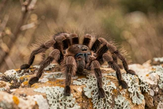 Mygale de Provence (Macrothele calpeiana) posée sur un mur de pierre sèche en garrigue, vue macro montrant ses chélicères bleu-noir et sa fourrure dense