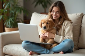 Jeune femme tenant un chiot golden retriever dans un salon moderne, symbolisant les soins et la responsabilité d'un nouveau propriétaire d'animal