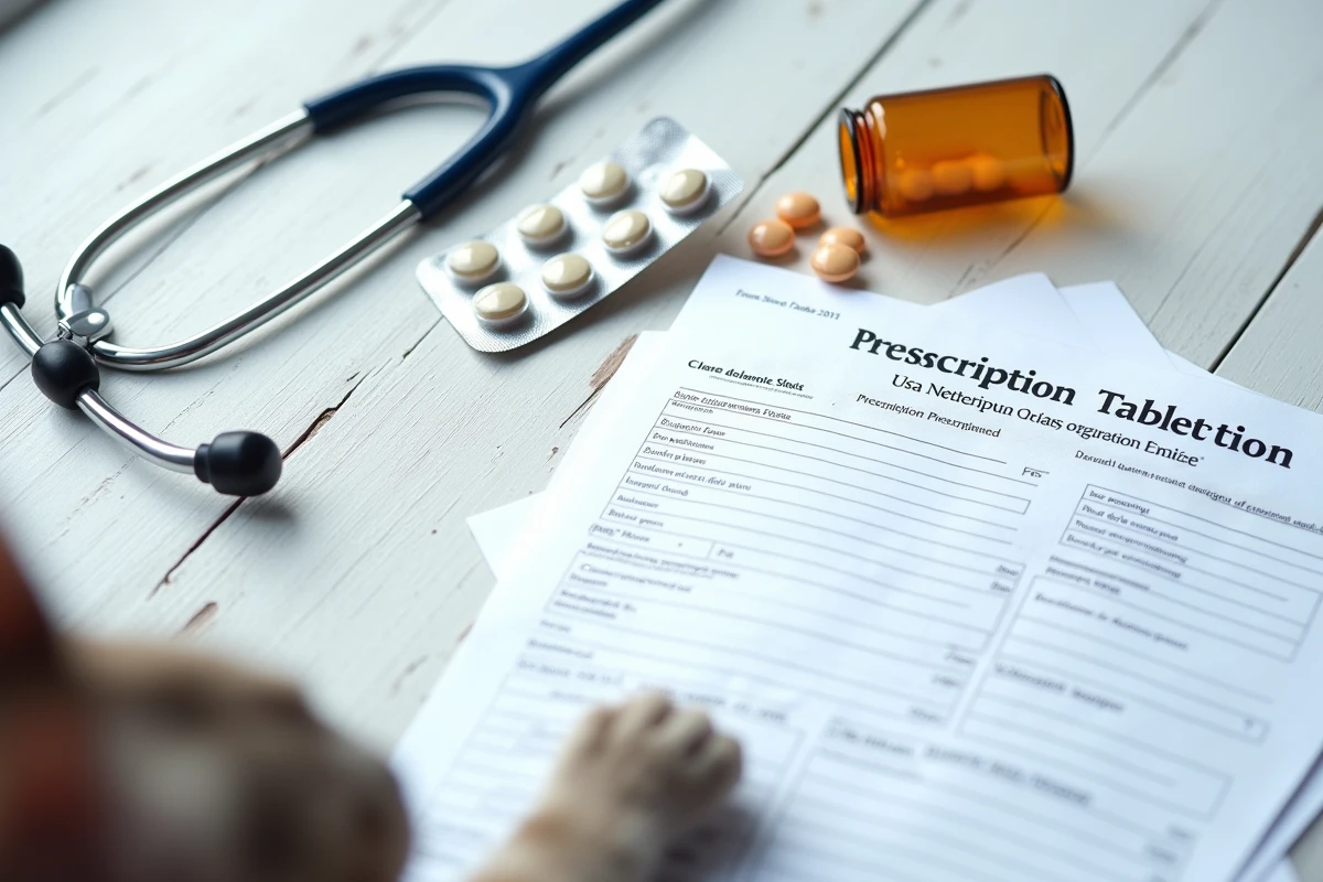 Vue du dessus d'une ordonnance vétérinaire, médicaments et antibiotiques pour chat sur une surface en bois