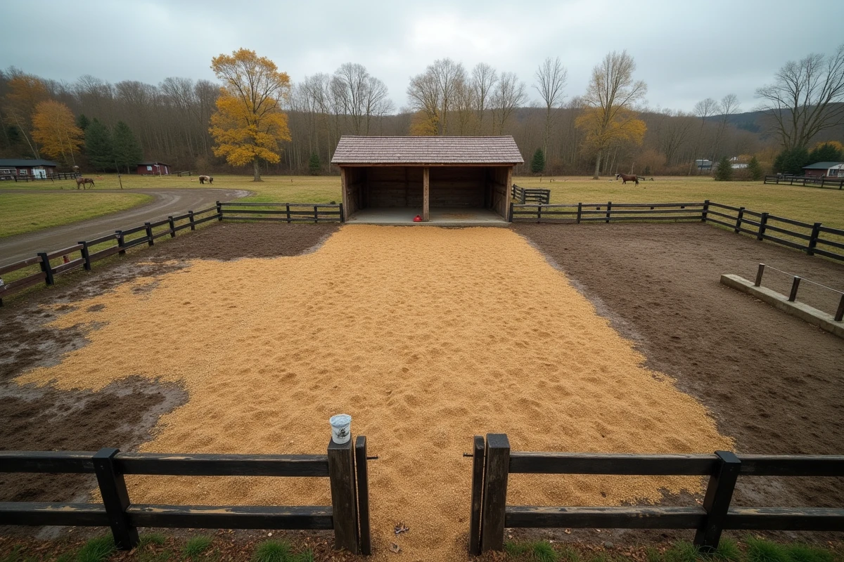 Organisation d'un paddock cheval anti-engorgement avec zones sèches en copeaux de bois, tapis anti-boue et abri de prairie, aménagement pratique