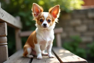 Chien adulte Papillon Chihuahua aux grandes oreilles papillon assis sur un banc en bois dans un jardin verdoyant