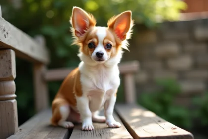 Chien adulte Papillon Chihuahua aux grandes oreilles papillon assis sur un banc en bois dans un jardin verdoyant
