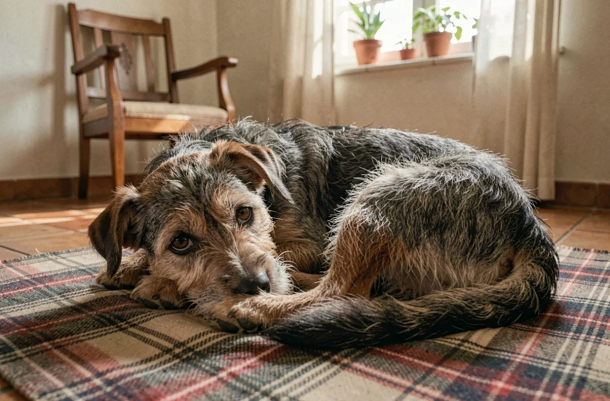 Petit chien de sauvetage timide se reposant dans un intérieur calme après son adoption