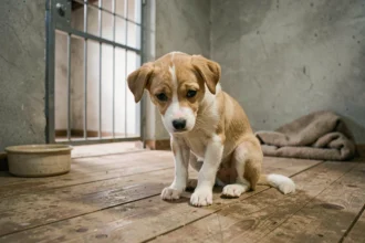 Petit chien timide et craintif dans un refuge animalier attendant d'être adopté près de Langon