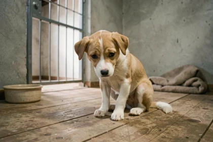 Petit chien timide et craintif dans un refuge animalier attendant d'être adopté près de Langon