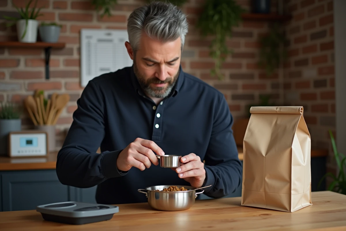 Homme mesurant avec précision une portion de croquettes pour chien sur une table en bois