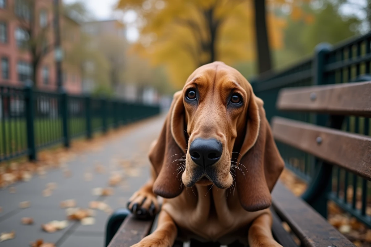 Portrait en gros plan d'un basset hound aux traits morphologiques extrêmes sur un banc de parc urbain