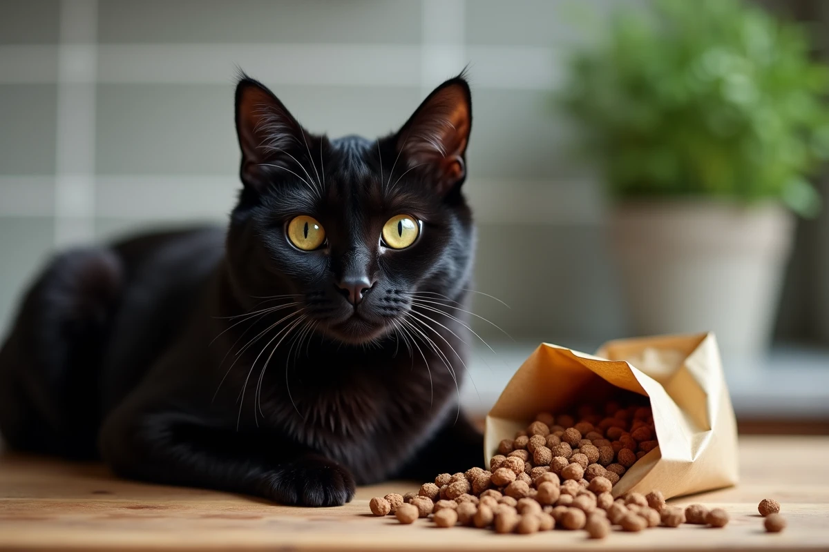 Portrait en gros plan d'un chat noir adulte au pelage brillant près d'un sac de croquettes premium