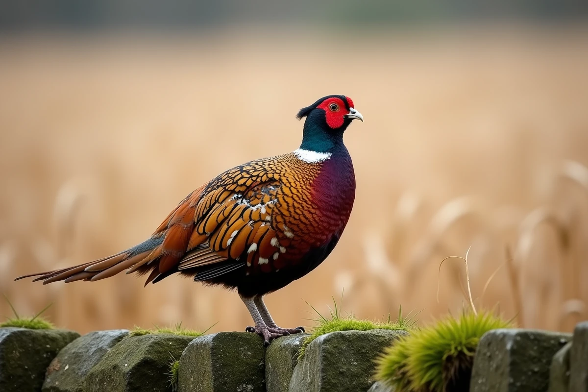 Portrait rapproché d'un faisan obscur mâle au plumage détaillé perché sur un muret en pierre en bordure de champ