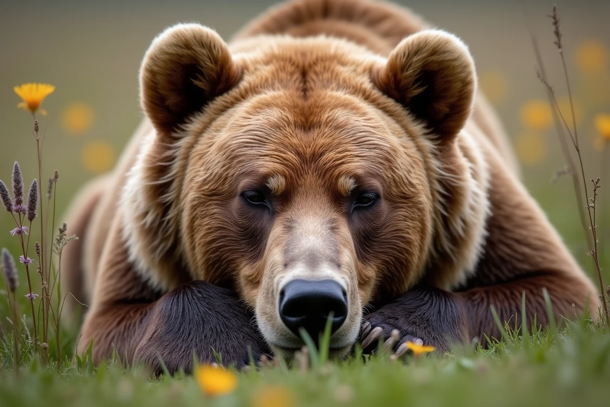 Portrait en gros plan d'un grizzly au repos dans une prairie, regard calme et fourrure détaillée révélant la puissance naturelle de l'animal