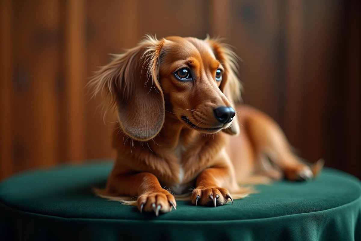 Portrait rapproché d'un teckel nain à poil long sur podium, mettant en valeur les critères morphologiques évalués en concours canin