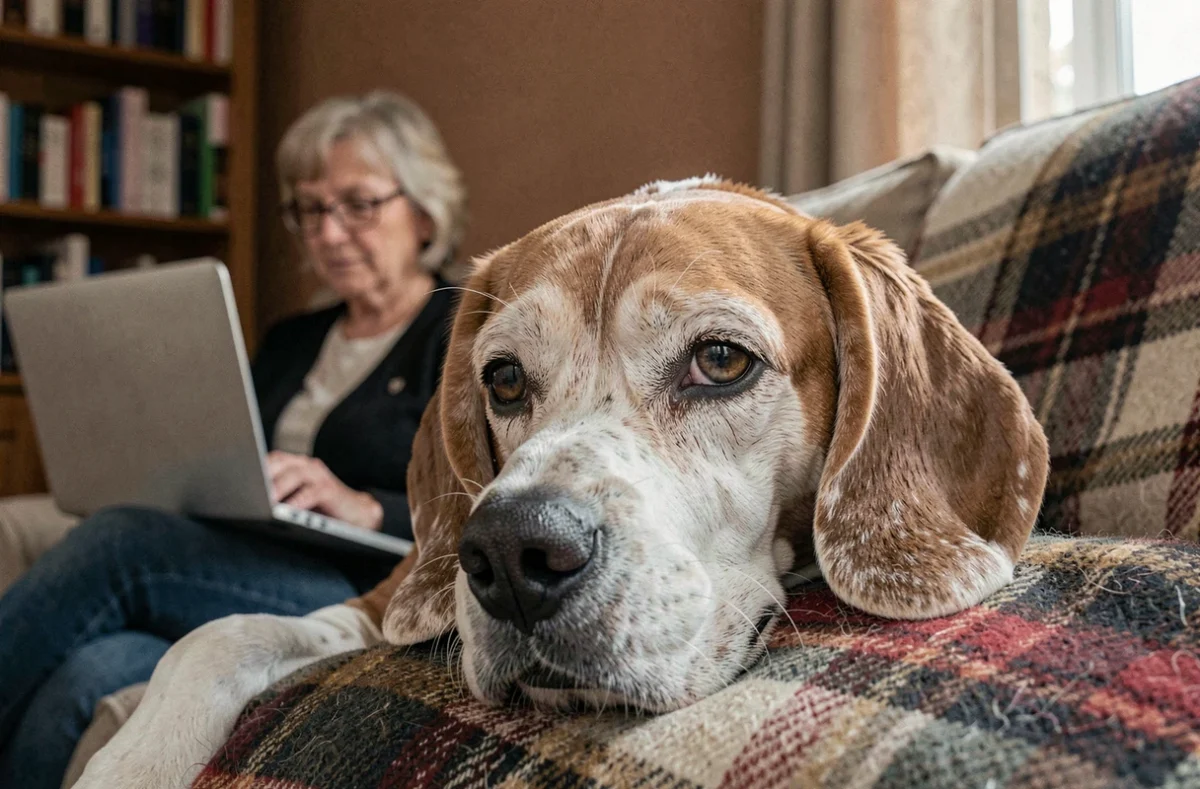 Portrait rapproché d'un vieux chien Beagle au museau grisonnant sur un canapé, propriétaire recherchant une assurance en arrière-plan