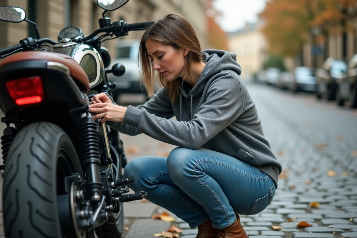 Femme installant un traceur GPS discret sur sa moto garée dans une rue urbaine pavée