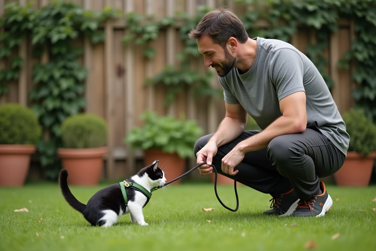 Homme accroupi dans un jardin urbain avec un chat en harnais vert anti-évasion lors d'une première promenade en laisse