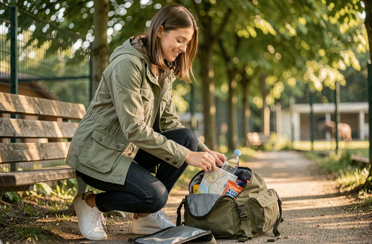 Jeune femme préparant son sac à dos pour une journée au parc animalier de Strasbourg, allée boisée en arrière-plan