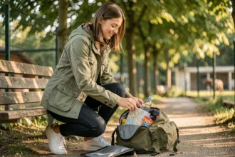 Jeune femme préparant son sac à dos pour une journée au parc animalier de Strasbourg, allée boisée en arrière-plan