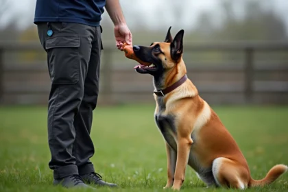Chien malinois avec un faible niveau de stress tenant doucement un jouet sous la supervision d'un éducateur canin professionnel en extérieur