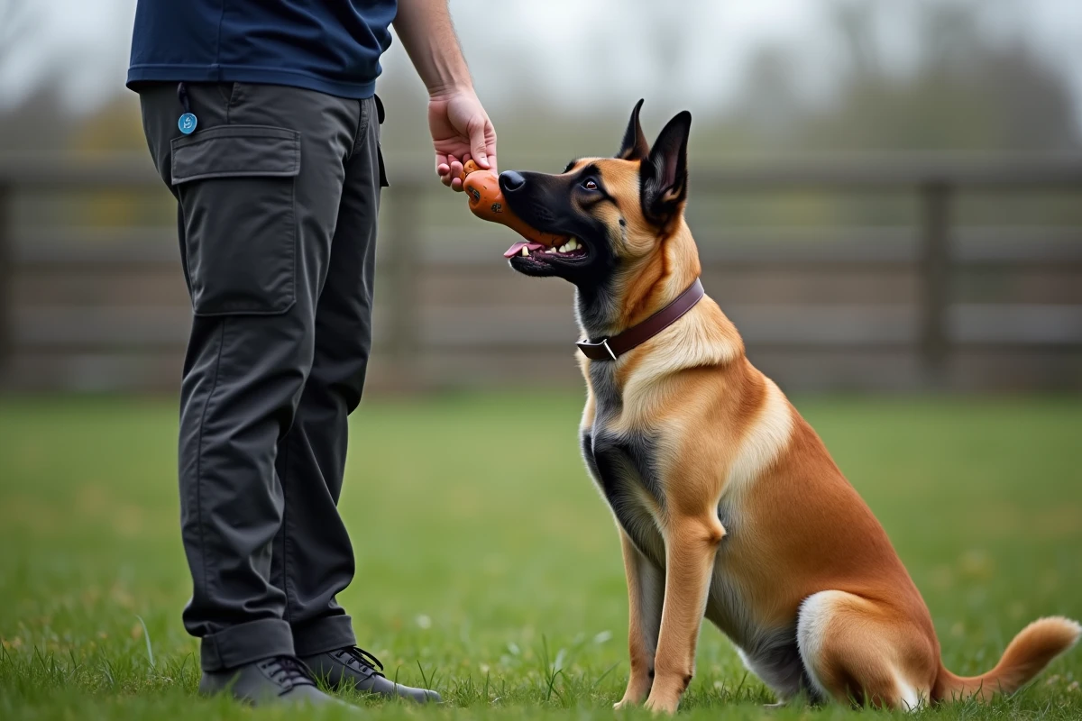 Chien malinois avec un faible niveau de stress tenant doucement un jouet sous la supervision d'un éducateur canin professionnel en extérieur