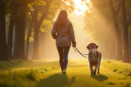 Jeune femme marchant avec son golden retriever dans un parc urbain au matin