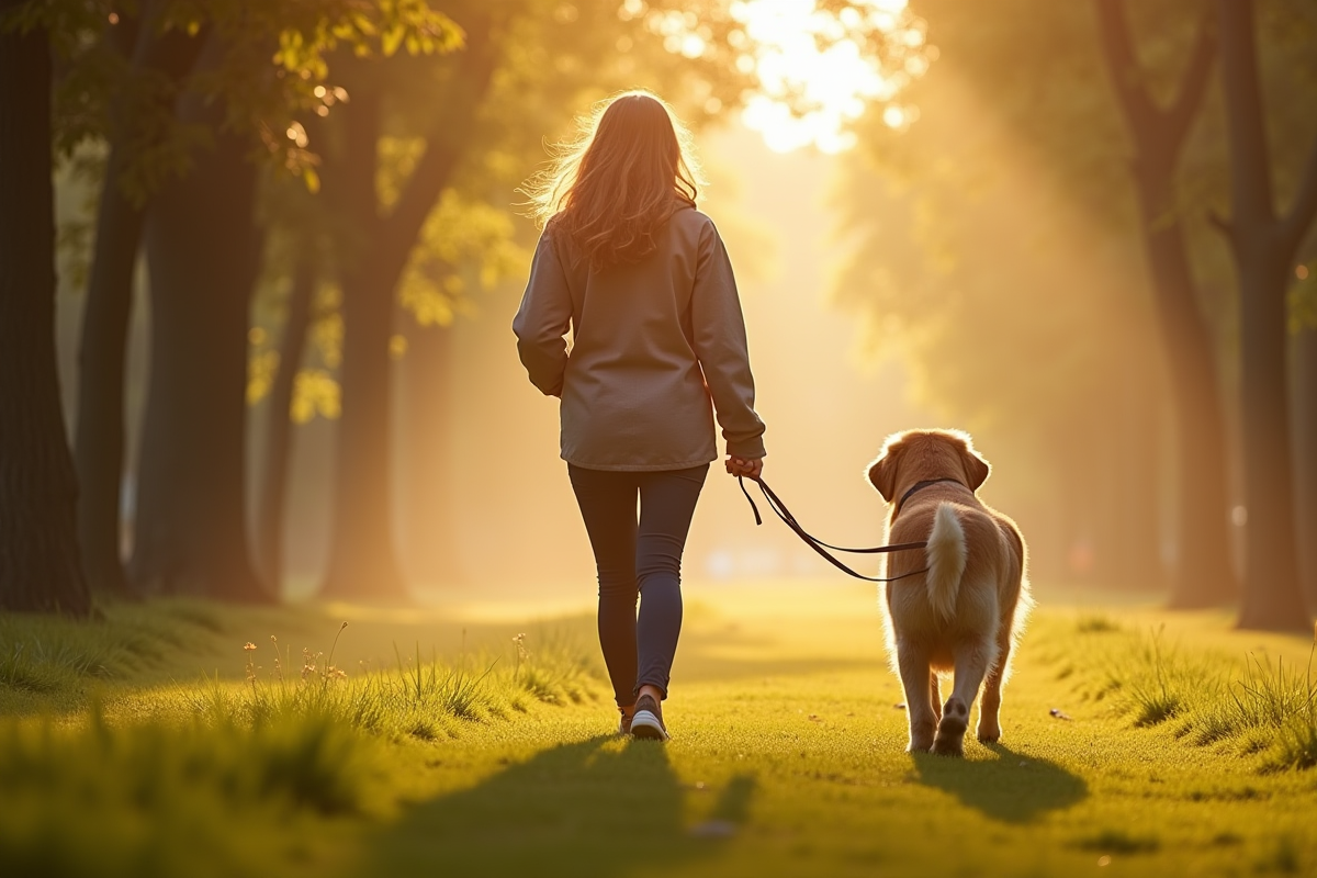 Jeune femme marchant avec son golden retriever dans un parc urbain au matin