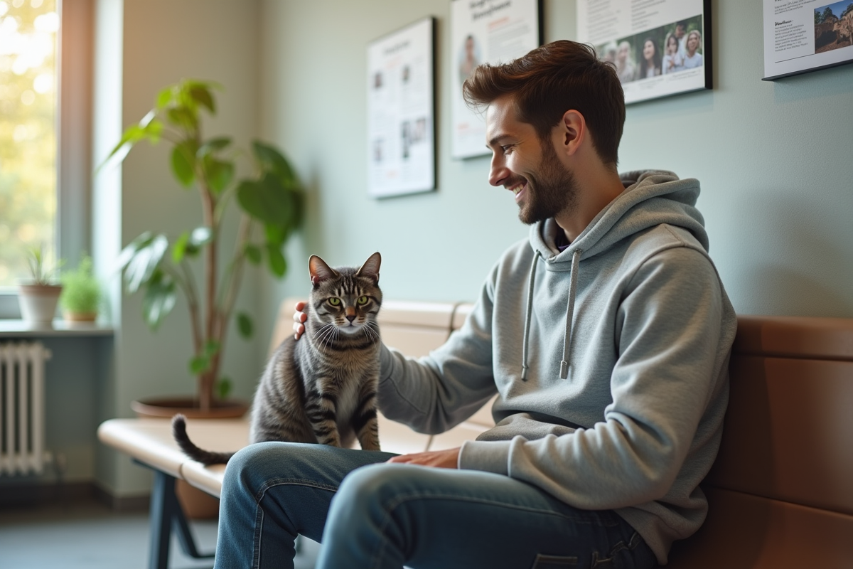 Propriétaire avec son chat dans la salle d