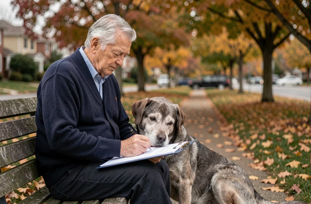 Homme âgé remplissant un formulaire d'assurance avec son vieux chien Labrador dans un parc en automne