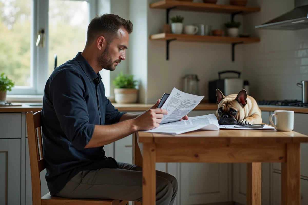 Homme consultant des documents d'assurance animaux avec un bouledogue français à ses pieds dans une cuisine, représentant le processus de souscription pour nouveaux propriétaires