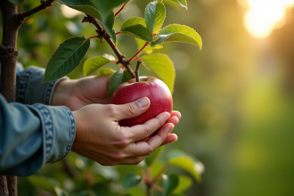 Mains de jardinier posant une barriere naturelle autour d'un pommier
