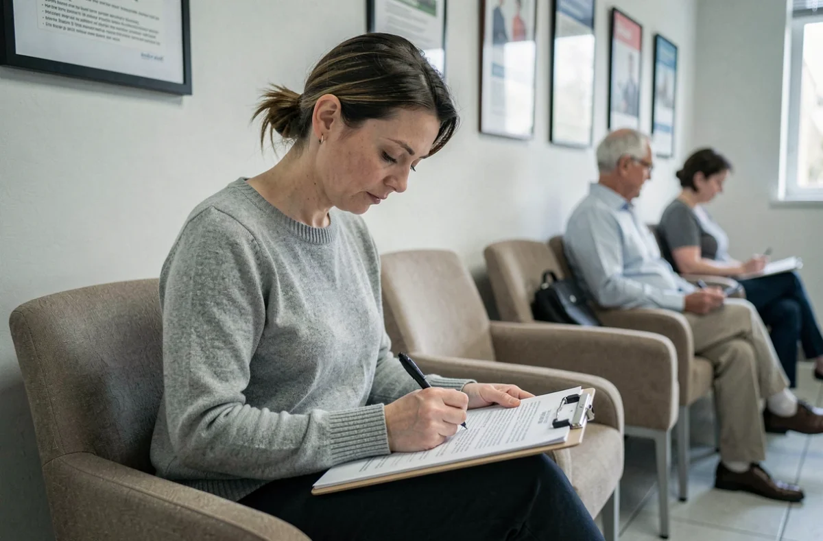 Une femme remplit un questionnaire de santé dans une salle d'attente médicale dans le cadre d'une assurance emprunteur
