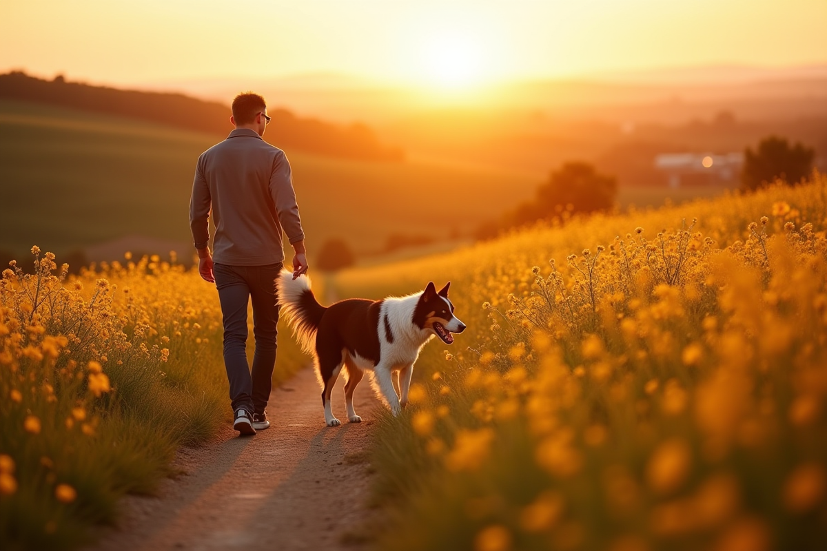 Homme marchant avec son border collie sur un sentier rural au coucher du soleil