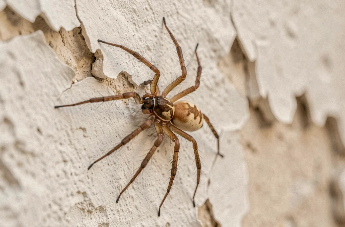 Araignée recluse brune (Loxosceles rufescens) sur un mur en plâtre fissuré, montrant la marque en forme de violon sur son céphalothorax et ses six yeux caractéristiques
