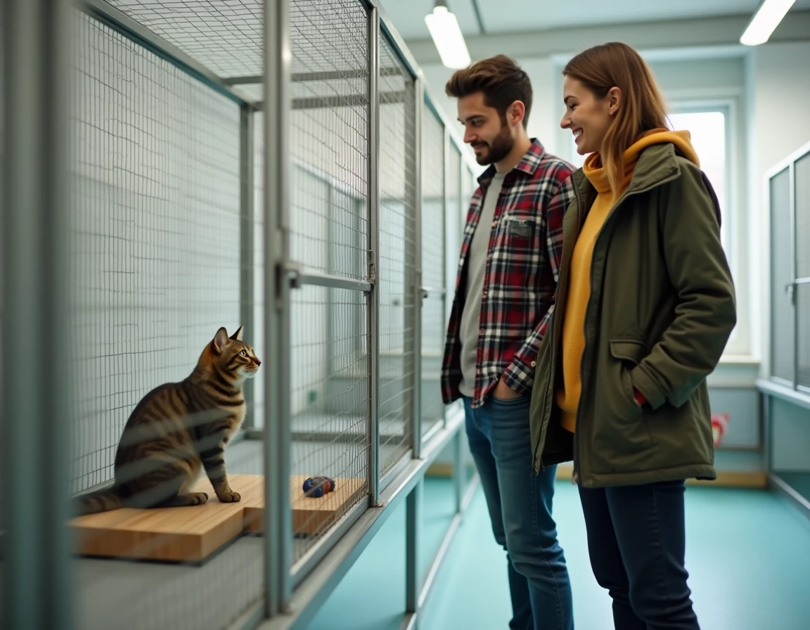 Couple en visite dans un refuge d'adoption pour chats à Grenoble