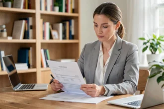 Femme consultant des documents de remboursement mutuelle à 150% à son bureau
