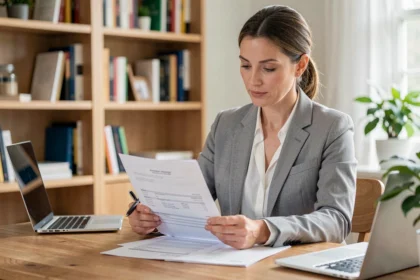 Femme consultant des documents de remboursement mutuelle à 150% à son bureau